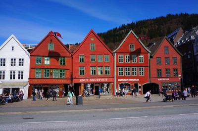 Barrio de Bryggen en Bergen, Noruega